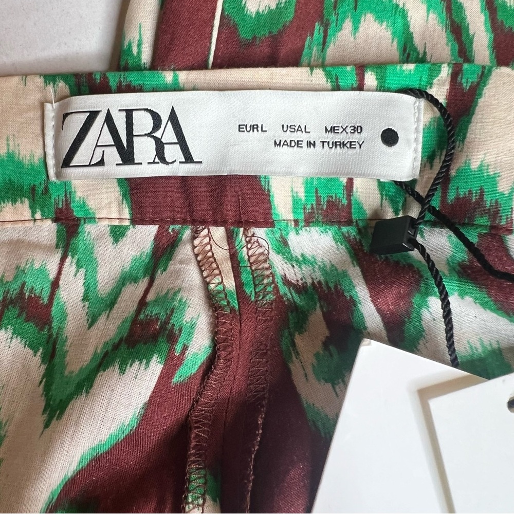 New Zara Selena Cotton Tropical Wide Flare Pant Midrise Green Brown Boho Large - Picture 7 of 10